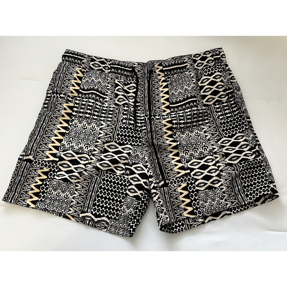 Mens Tribal Print Swim Trunks Size L Black White Drawstring Beach Pool Shorts